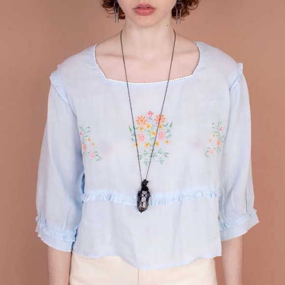 Meadows Tops - Meadows Embroidered Daphne Top in Sky Blue